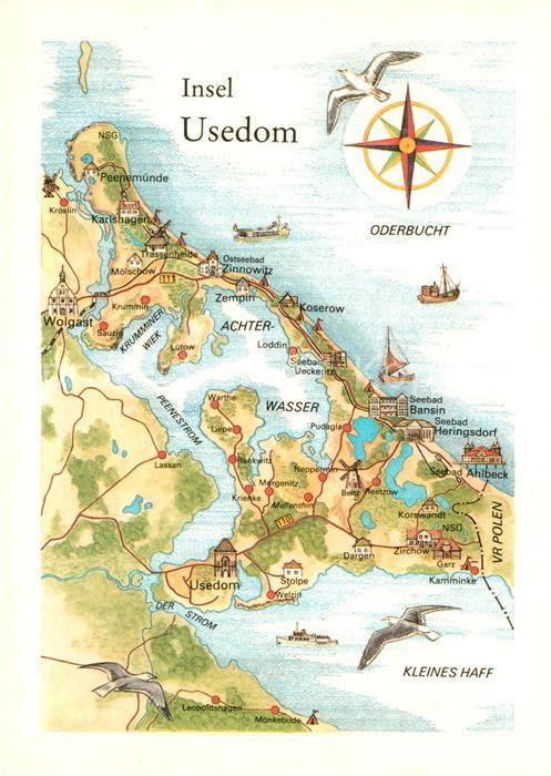 Insel Usedom Landkarte Oderbucht Kleines Haff Kompas