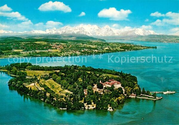 Insel Mainau mit Alpenkette Fliegeraufnahme
