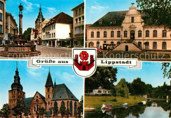 Lippstadt Brunnen Rathaus Kirche Partie am Fluss