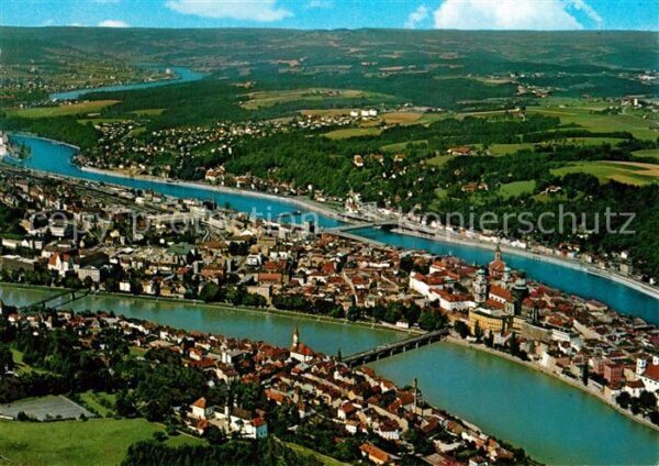 Passau Fliegeraufnahme mit Donau Inn und Ilz