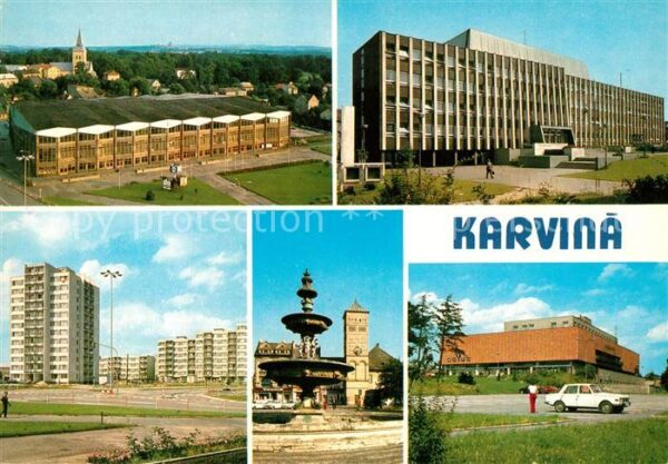Karvina Teilansichten Gebäude Brunnen Wohnsiedl