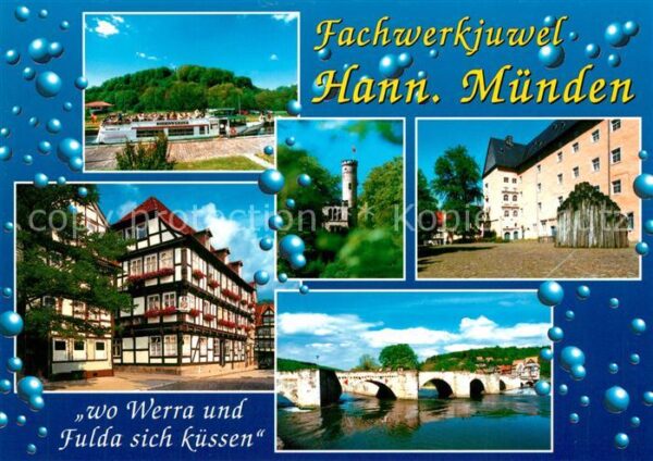 Hannoversch Muenden Fährschiff Burg Brücke Fachwerkhäuser