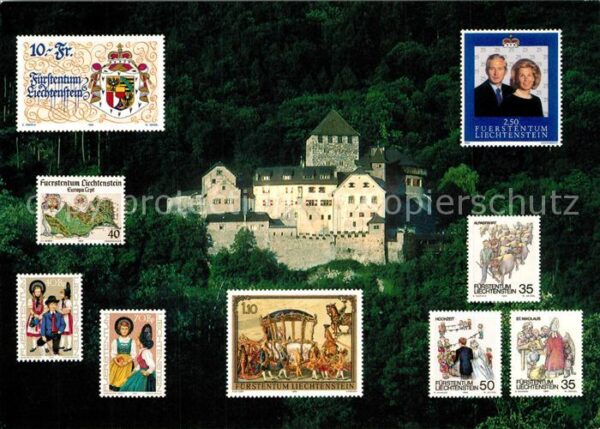 Briefmarken auf Postkarte Liechtenstein Schloss Vaduz