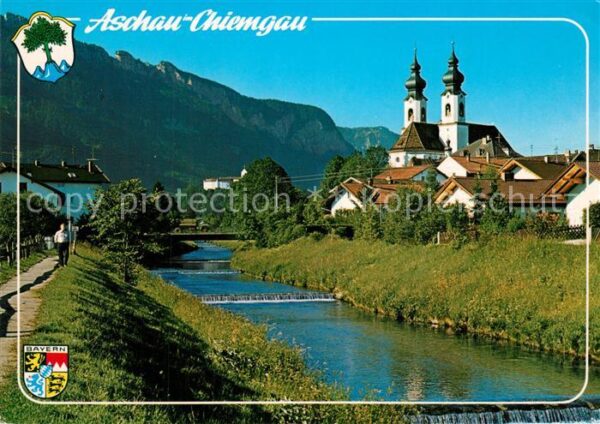 Aschau Chiemgau Uferpartie am Fluss Blick zur Kirche Ch