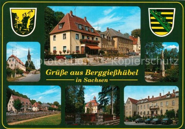 Berggiesshuebel Ortsmotive Kirche Postmeilensäule Wappe