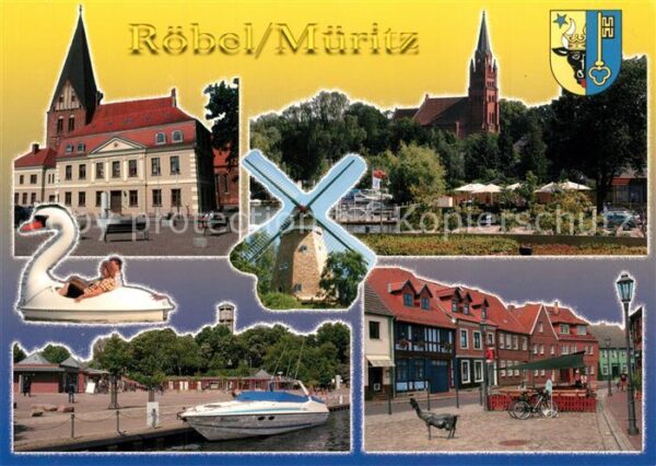 Roebel Mueritz Rathaus Kirche Windmühle Schwan Hafen M