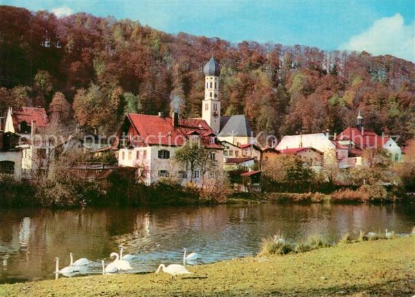 Wolfratshausen Partie an der Loisach Schwäne Blick zur