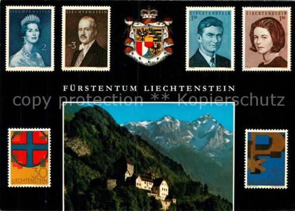 Briefmarken auf Postkarte Fürstentum Liechtenstein