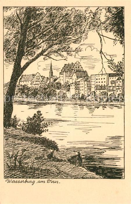 Wasserburg Inn Partie am Inn Zeichnung
