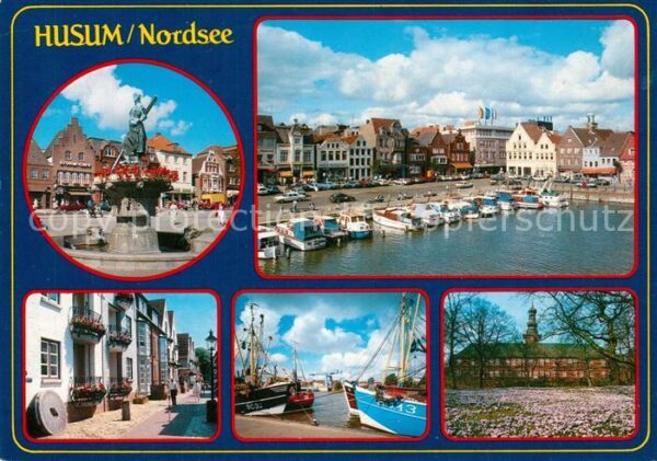 Husum Nordfriesland Brunnen Hafen Fischkutter Häuserpartie