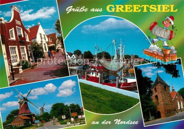Greetsiel Ortsmotiv Windmühlen Kirche Fischkutter