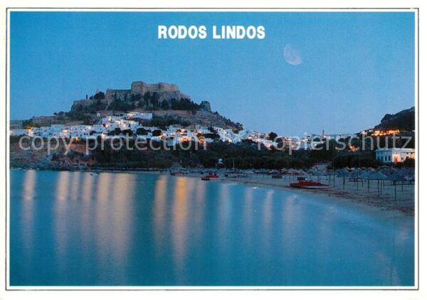 Lindos Lindo Panorama mit Akropolis Strand Bucht Abe