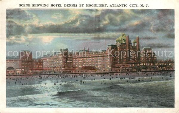 Atlantic City New Jersey Scene showing Hotel Dennis by moonlight