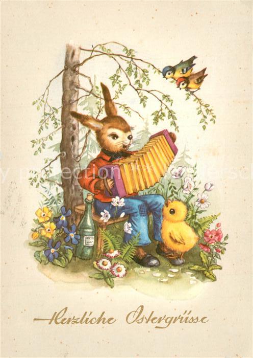 Vermenschlicht Hase Handharmonika Küken Vögel Blumen W