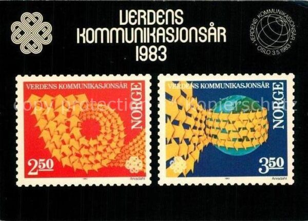 Briefmarken auf Postkarte Verdens Kommunikasjonsar Norge