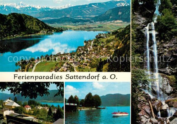 Sattendorf Panorama gegen Julische Alpen Motorboot