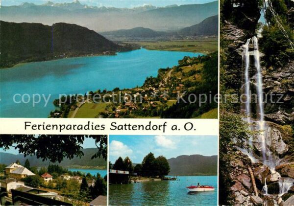 Sattendorf Panorama gegen Julische Alpen Motorboot