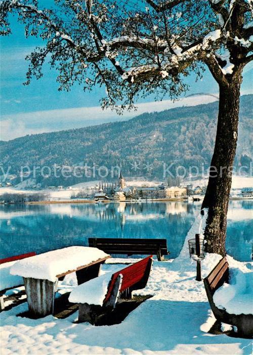 Bodensdorf Ossiacher See Blick über den See auf Stift Ossiach Kl