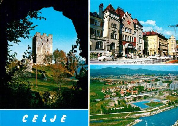 Celje Cilli Fliegeraufnahme Ruine Stadtpanorama