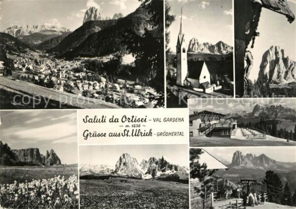 Ortisei St Ulrich Gesamtansicht Dolomiten Kirche Bergwies