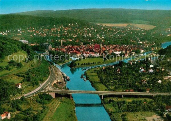 Hann. Muenden Weserbrücke mit Stadtblick Fliegeraufna