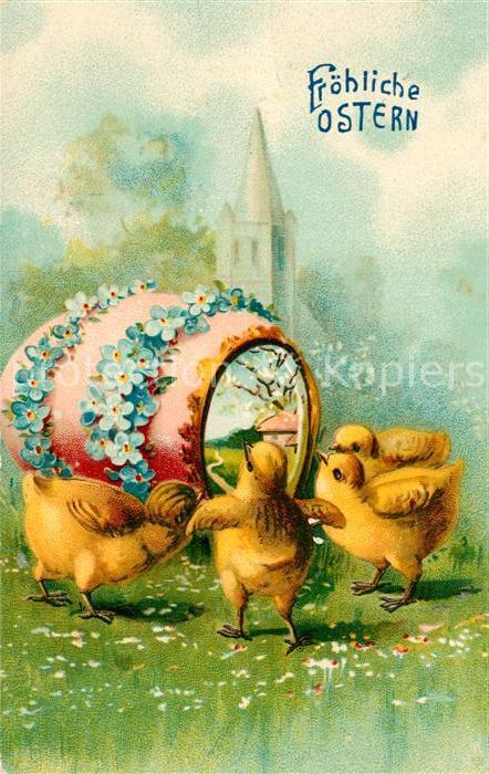 Ostern Easter Paques Küken Osterei Vergissmeinnicht Litho