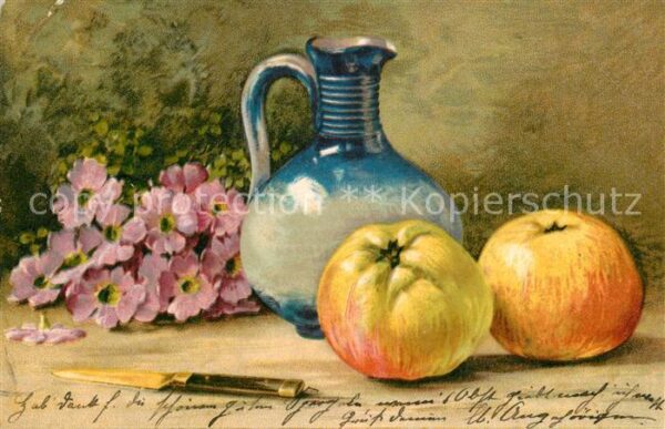Obst Äpfel Krug Messer Blumen Stillleben