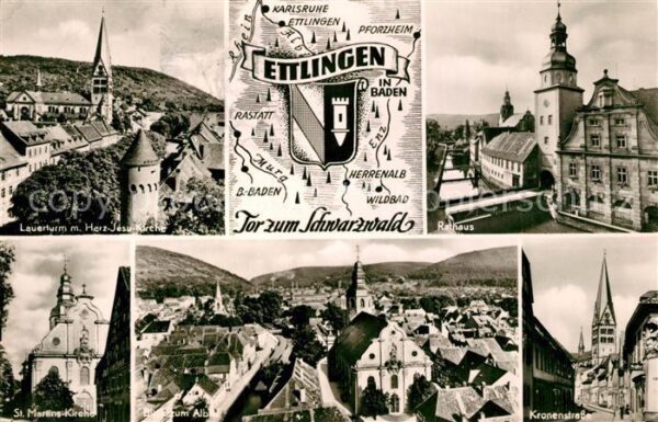 Ettlingen Lauerturm mit Herz Jesu Kirche Rathaus