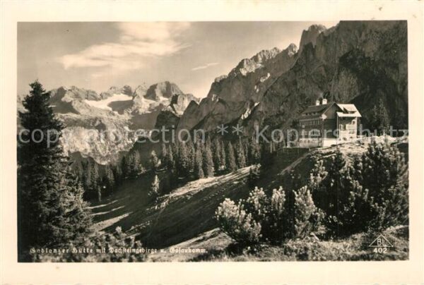Gablonzerhaus Berghütte mit Dachsteingebirge und Gosa