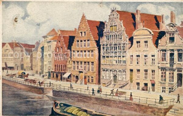 Gand Belgien Le Quai aux Herbes Aquarel Künstlerkart