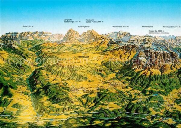 Schlerngebiet Panoramakarte Seiseralm aus der Vogelpe