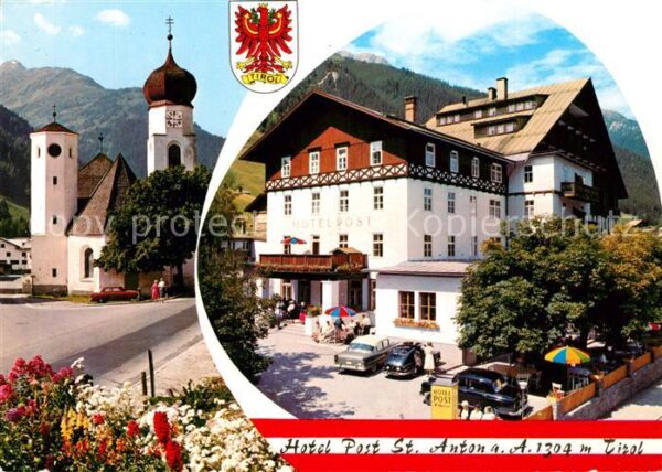 St Anton Arlberg Hotel Post Ortsmotiv mit Kirche Wappen