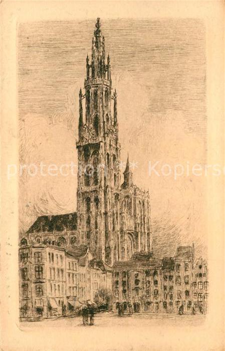 Anvers Antwerpen La Cathedrale Dessin Künstlerkarte
