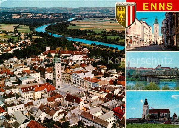Enns Fliegeraufnahme mit Stadtturm Brücke Ki