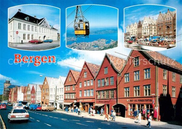 Bergen Norwegen Rathaus Markt Seilbahn Strassenpartie