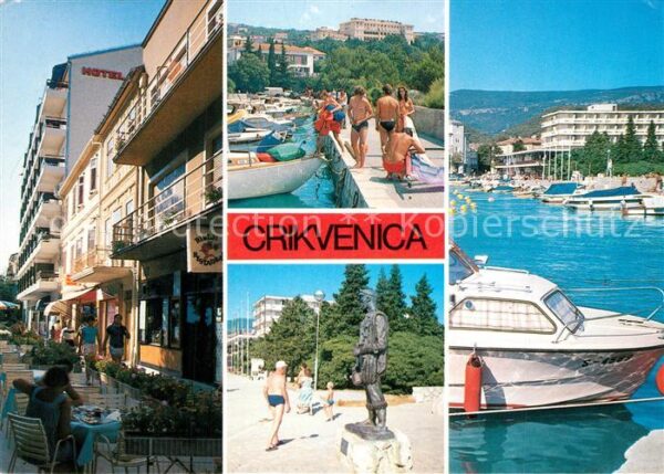 Crikvenica Kroatien Strassencafe Hafen Statue Motorboot