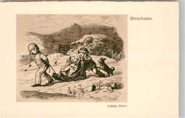 Richter Ludwig Winterfreuden Kinder Schlitten Hund