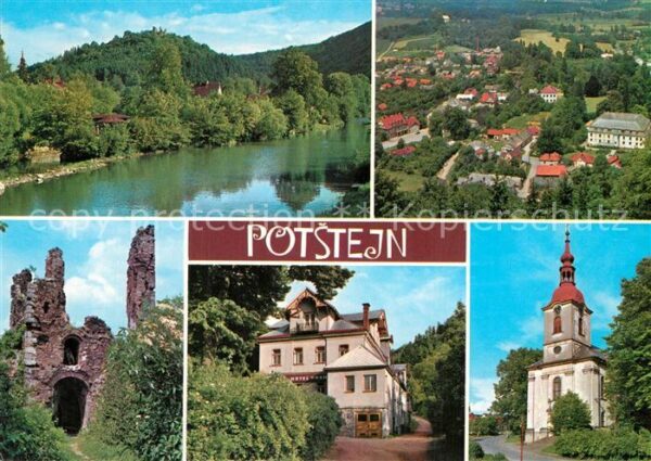 Potstejn Partie am Fluss Burgruine Hotel Kirche