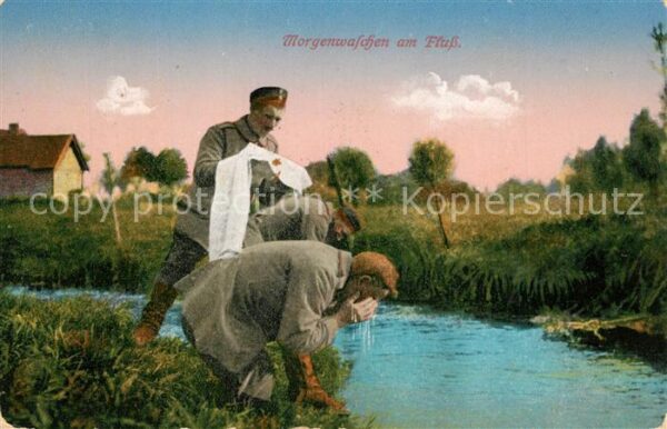 Militaria Soldatenleben Morgenwaschen am Fluss