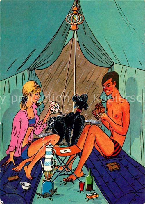 Camping Kartenspiel Zelt Mann Frau Hund Regen