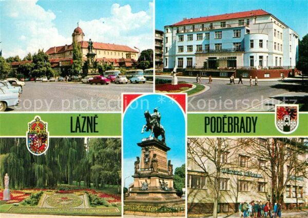 Podebrady Schloss Kurhaus Blumenuhr Statue König