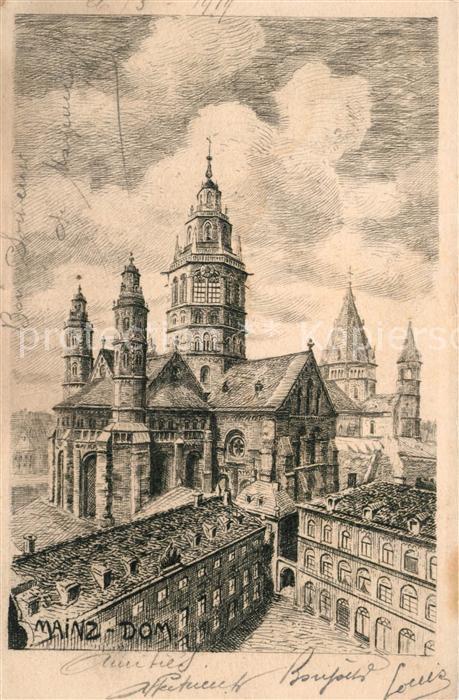 Mainz Rhein Dom Zeichnung Künstlerkarte