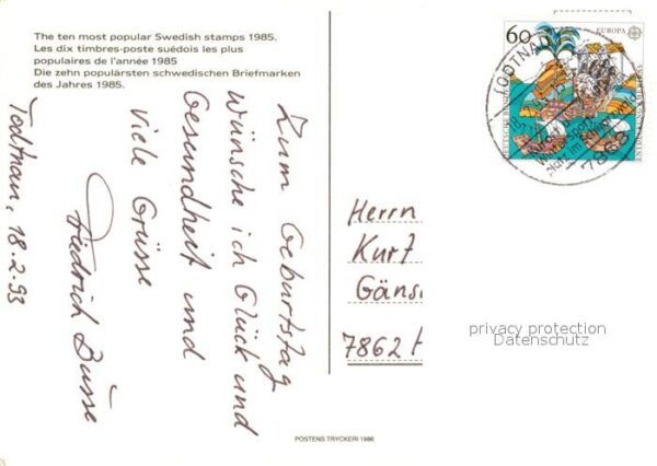 Briefmarken auf Postkarte Sverige Schweden 1985 – Bild 2