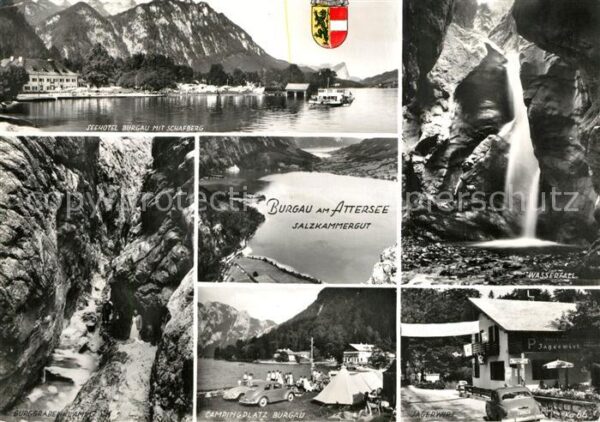 Burgau Attersee Salzkammergut Seehotel mit Schafberg Burggrabenklamm