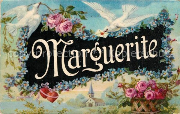 Namenskarte Namenstag Marguerite Tauben Rosen Vergissmeinnich
