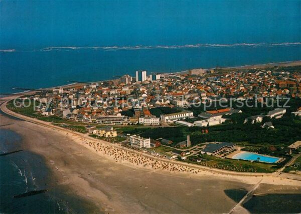 Norderney Nordseebad Fliegeraufnahme mit Weststrand und Well