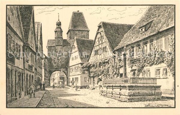 Rothenburg Tauber Rödergasse mit Markusturm und Brunnen