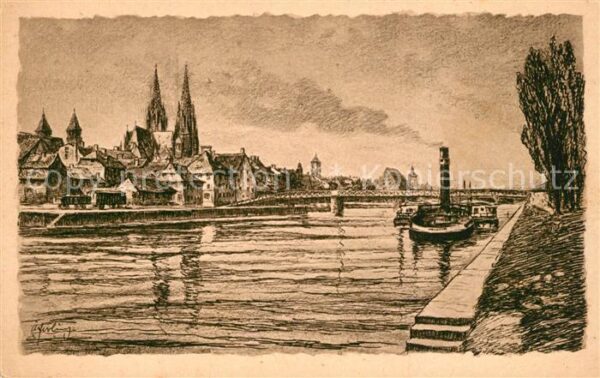 Regensburg Donaupartie mit eiserner Brücke