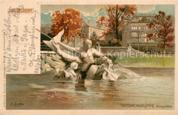 Duesseldorf Tritonengruppe Königsalle Aquarellkarte