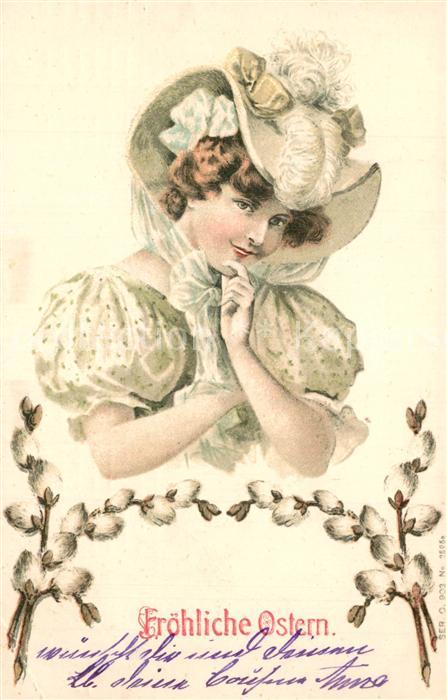Ostern Easter Paques Weidenk?tzchen Frau Hutmode Litho